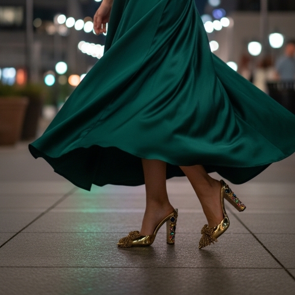 Chic Gold Bow Mules With Multi Colored Stone Jeweled Heels - Picture 5 of 6